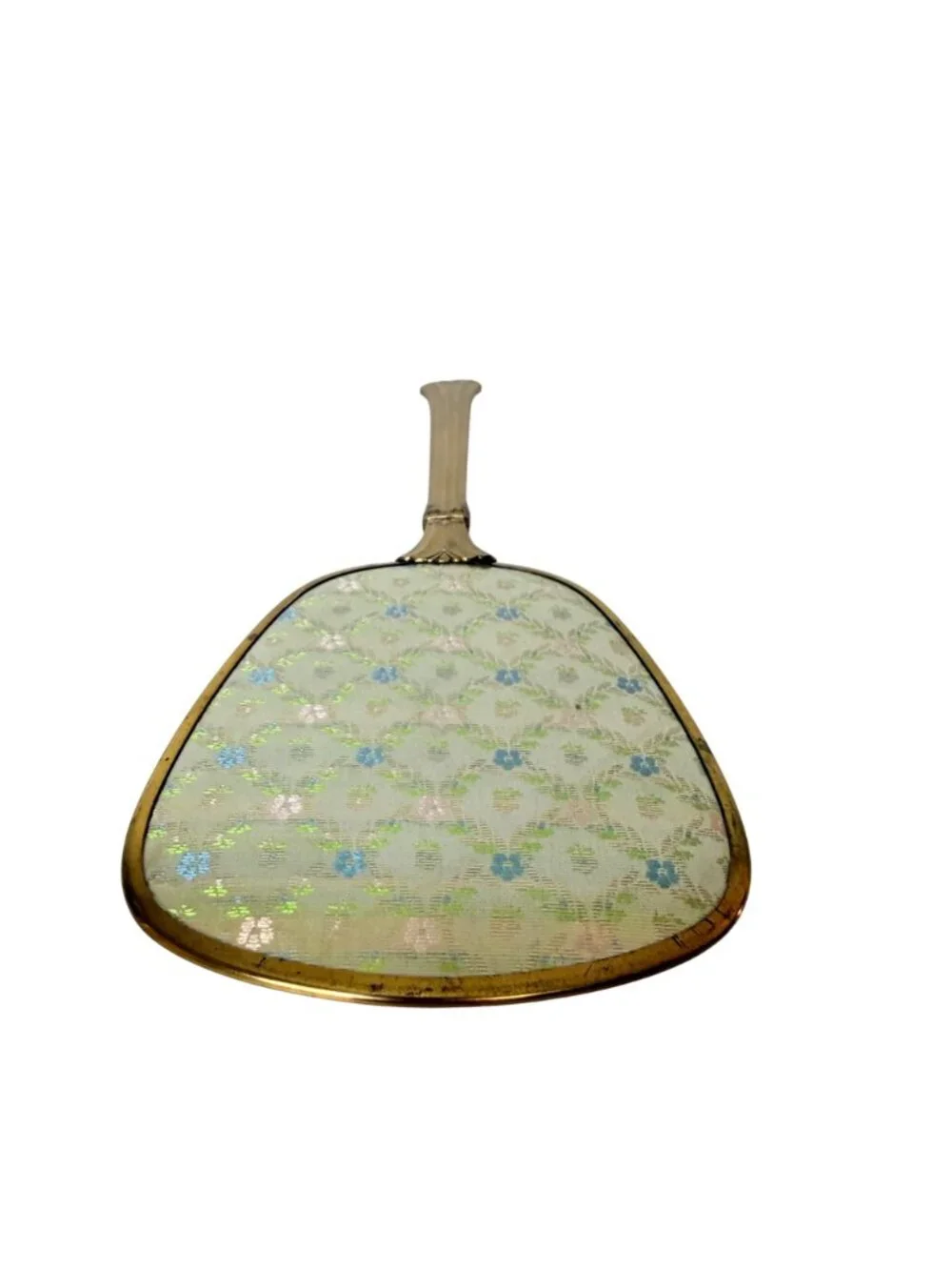 Vanity Hand Mirror Boudoir Decor Blue Floral VTG Brass Tone Hollywood Regency
